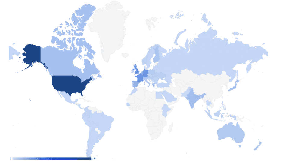'World map showing distribution of respondants'